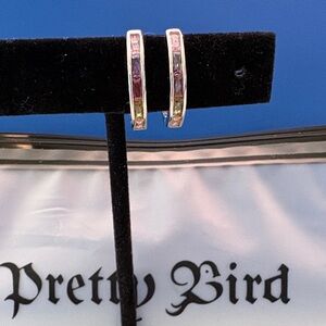 Pretty Bird Silver Hoop Earrings with Pink, Purple and Yellow Stones